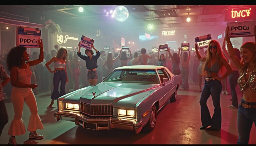 Una escena digitalmente creada ambientada en una discoteca con personas sosteniendo baterías de coche alrededor de un coche clásico, bajo luces coloridas y una bola de discoteca, con carteles sin sentido en el fondo.