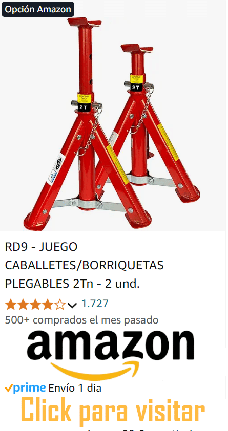 Anuncio de un par de caballetes de coche rojos con detalles amarillos, marca RD9, plegables y con capacidad de 2 toneladas. El producto tiene más de 500 reseñas con una puntuación promedio de 1.727 estrellas. Incluye el logo de Amazon Prime indicando envío en un día y un botón que dice ‘Click para visitar’.