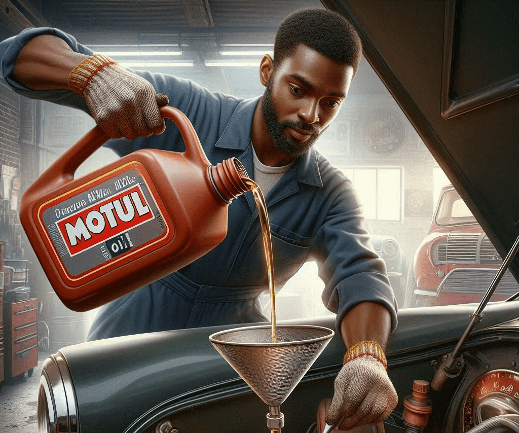 Imagen de una persona vertiendo aceite de motor MOTUL en el motor de un coche usando un embudo. La persona lleva un uniforme de mecánico azul con guantes rojos. El entorno parece ser un garaje o taller, con varias herramientas y partes automotrices visibles en el fondo.
