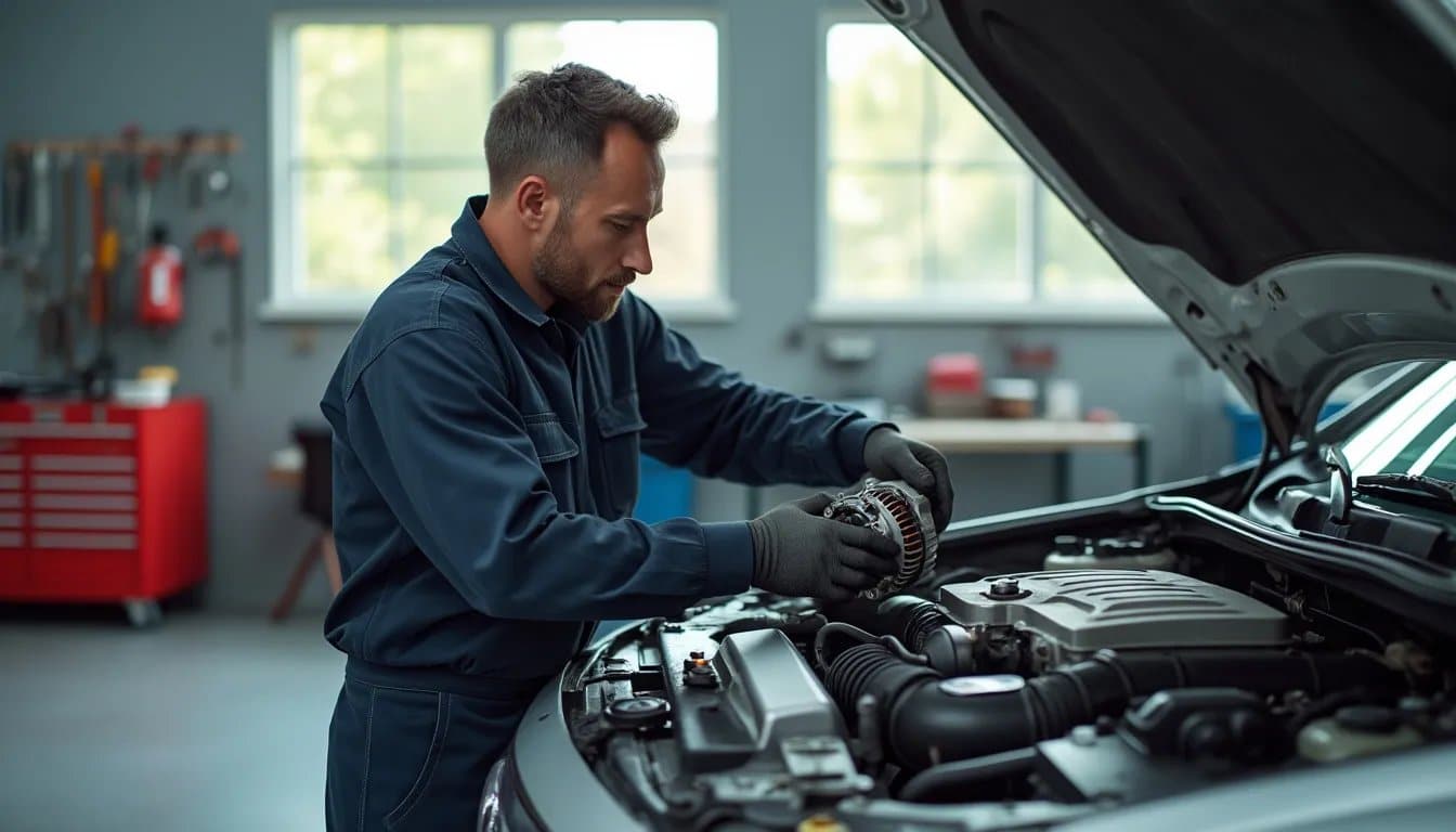Mecánico en uniforme azul oscuro trabajando en el motor de un vehículo con el capó abierto en un taller bien iluminado. Está sosteniendo una herramienta y parece estar ajustando o reparando una parte del motor.