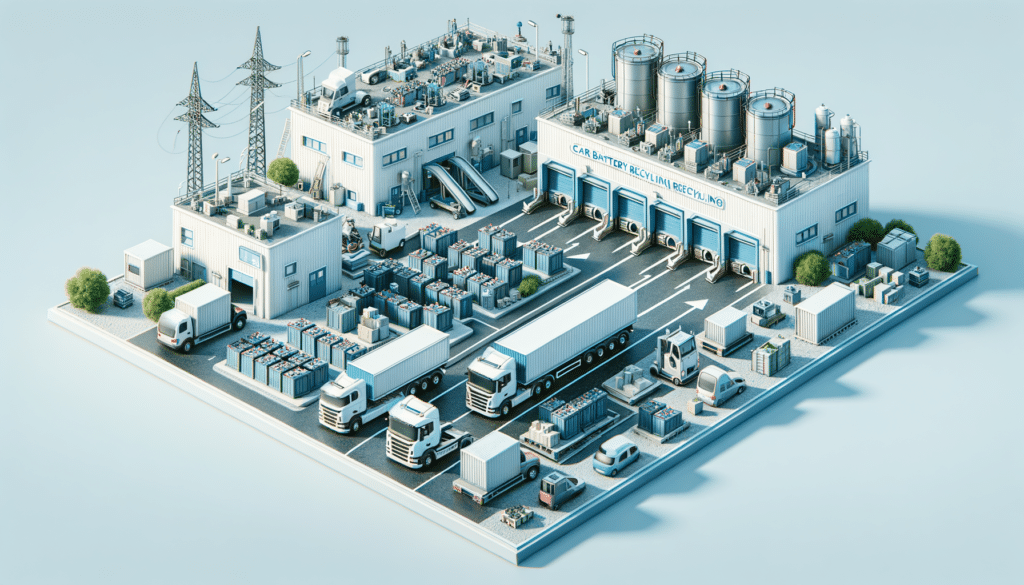 Un modelo 3D de un centro de reciclaje de baterías. La instalación incluye varios edificios grandes con el nombre “Battery Recycling Plant”, múltiples tanques de almacenamiento y camiones estacionados con el símbolo de reciclaje. También hay torres eléctricas cercanas, sugiriendo la conexión de la planta a la red eléctrica.
