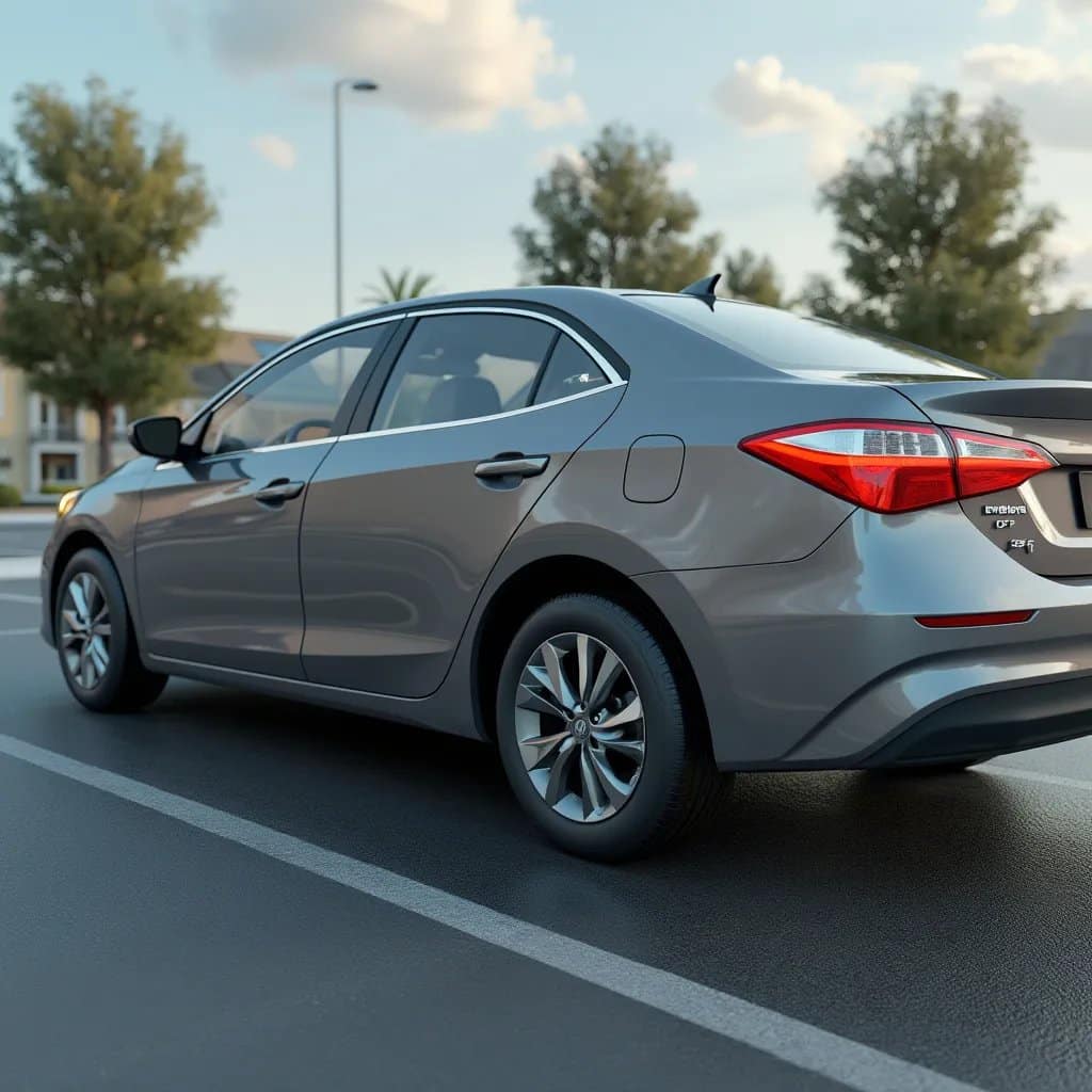 Sedán plateado estacionado en una calle, mostrando su perfil lateral y trasero, destacando las luces traseras, las ruedas y el diseño general del vehículo.