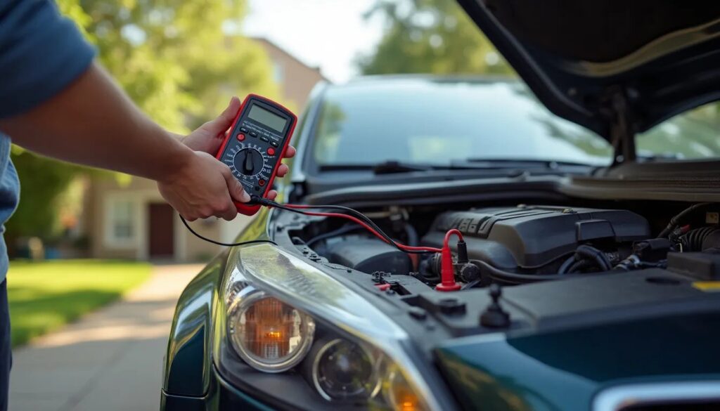 Persona usando un multímetro para probar o diagnosticar el sistema eléctrico de un motor de coche, con las sondas del multímetro conectadas a partes del motor.