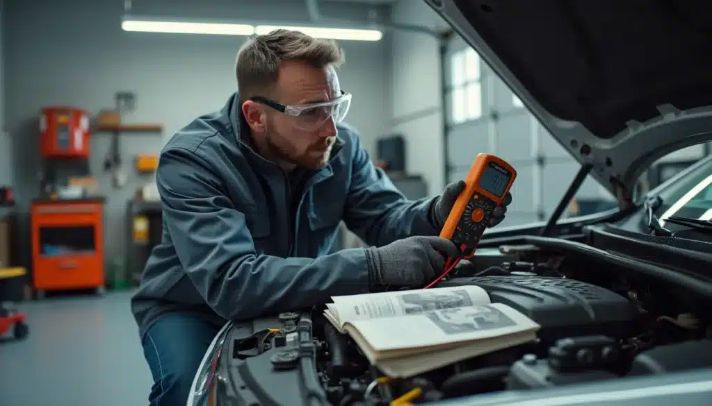 Persona usando un multímetro en el motor de un coche. La cara de la persona está oculta. Hay un manual abierto sobre el vehículo, sugiriendo trabajo de diagnóstico o reparación.