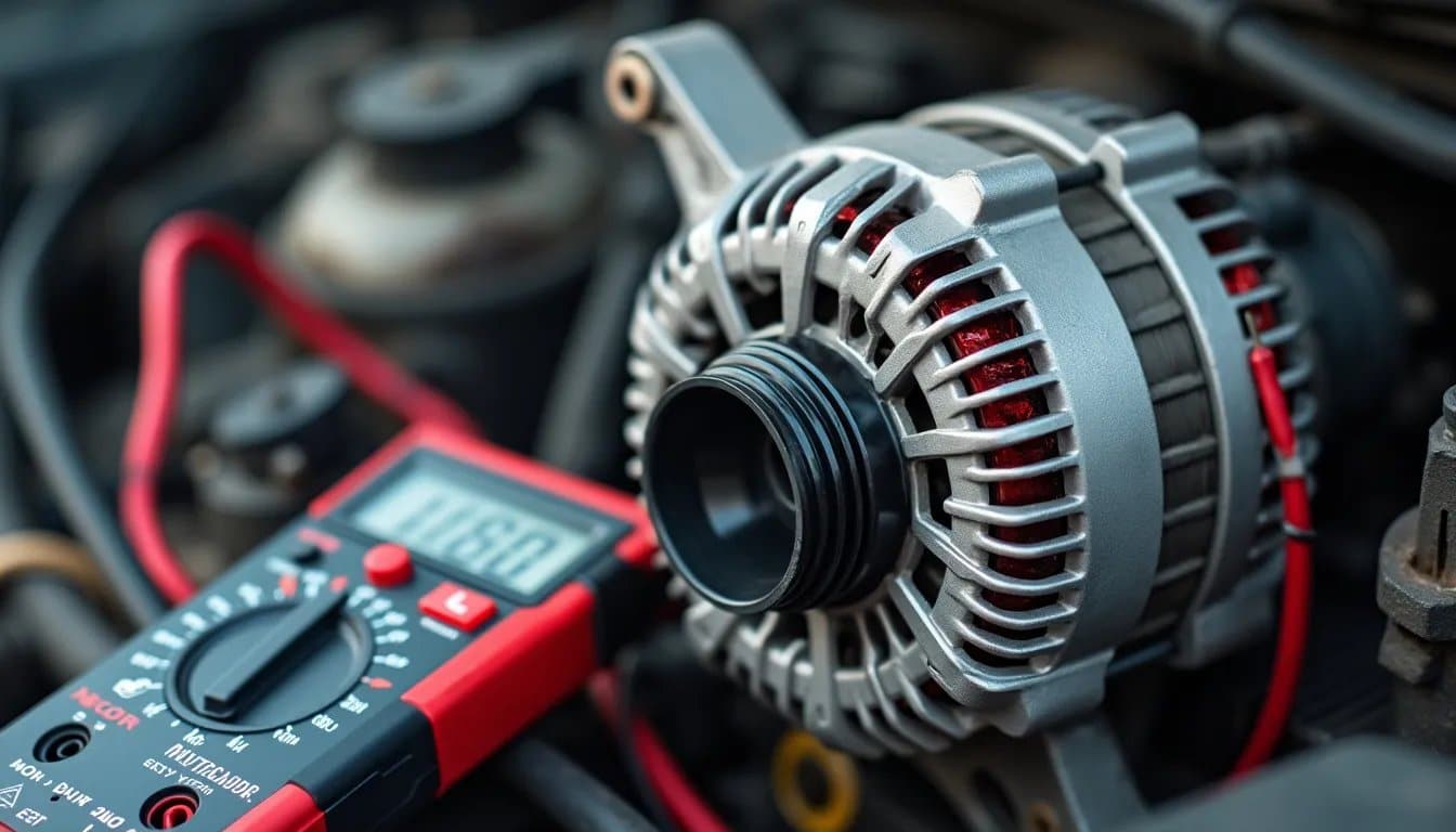 Primer plano de un alternador de vehículo con un multímetro en primer plano mostrando una lectura, relacionado con el mantenimiento o reparación automotriz.
