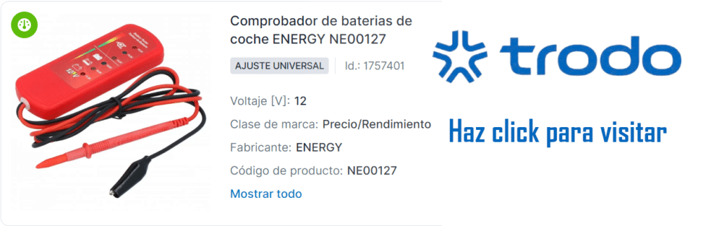 Imagen de un comprobador de baterías de coche marca ENERGY, modelo NE00127. El comprobador es de color rojo con cables negros y una pantalla digital. La imagen muestra el producto con detalles de ajuste universal, voltaje de 12V, alto rendimiento, y el código de producto NE00127. En la parte inferior hay un logo de la tienda ‘trodo’ con un botón que dice ‘Haz click para visitar’.