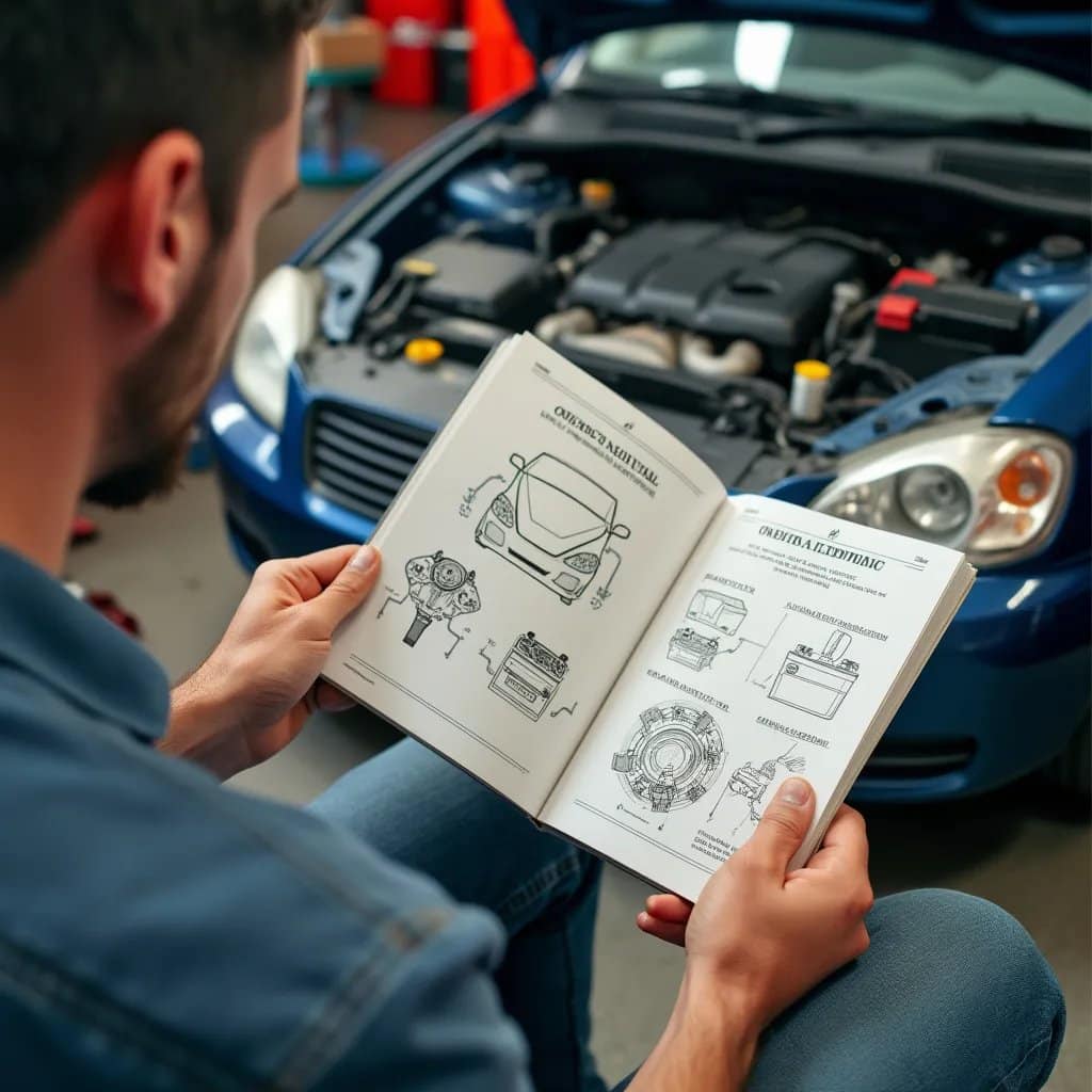Hombre consultando el manual del propietario frente al capó abierto de un automóvil, mostrando el motor y otros componentes del vehículo.