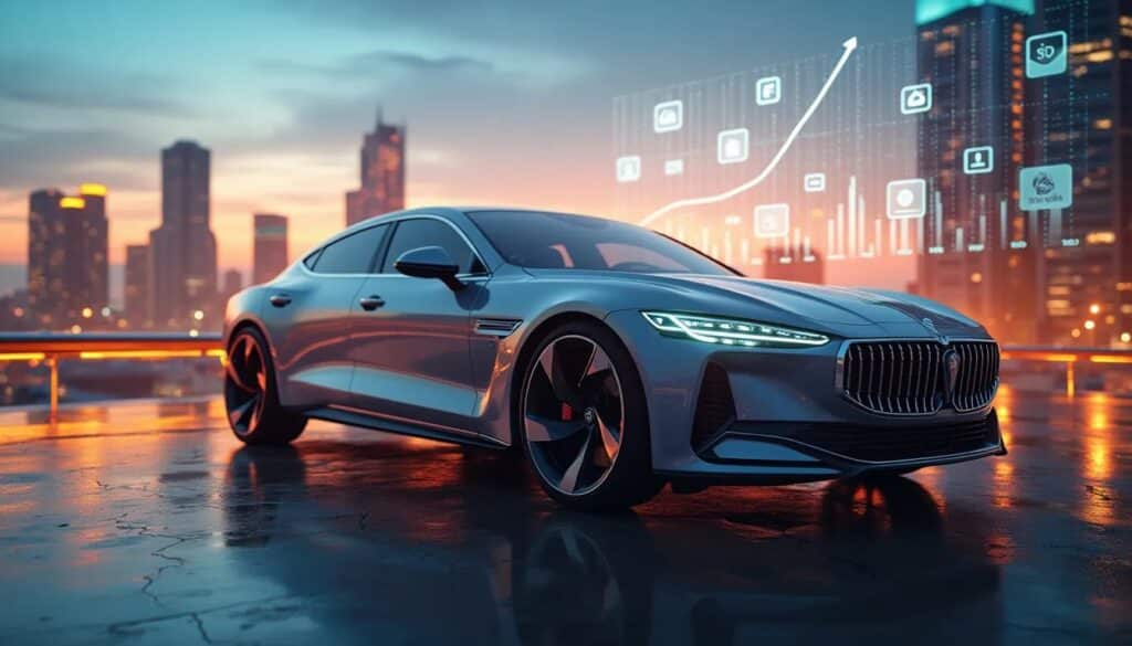 La imagen muestra un coche moderno y elegante de color plateado con llantas negras distintivas, estacionado en lo que parece ser un puente o plataforma con un paisaje urbano futurista de fondo. El horizonte presenta edificios altos con luces brillantes y superposiciones digitales de varios íconos que sugieren conceptos de ciudad inteligente, como señales de WiFi y marcadores de ubicación. Este escenario sugiere la importancia de un redactor de blogs sobre vehículos para atraer clientes a través del contenido digital.