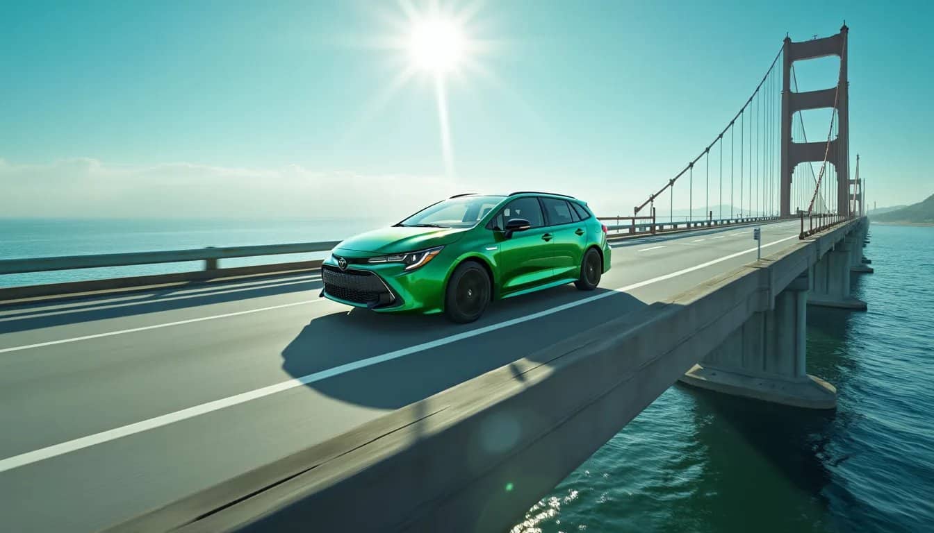 Un Toyota Corolla GR verde brillante conduciendo sobre un puente, con un cielo azul claro de fondo. El puente parece ser el Golden Gate, lo que sugiere que la ubicación es San Francisco.