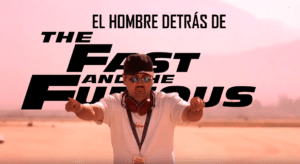Texto en negrita que dice ‘THE FAST AND THE FURIOUS’ con texto más pequeño arriba en español que dice ‘EL HOMBRE DETRÁS DE’. Fondo con una figura borrosa con los brazos extendidos en un entorno desértico, que es Craig Lieberman, conocido por su trabajo en la franquicia.
