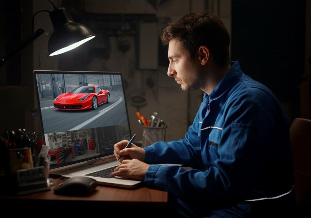 Redactor de contenido automotriz: Imagen de una persona con camisa azul sentada en un escritorio, frente a un portátil con la imagen de un Ferrari 458 Italia rojo en la pantalla. La persona parece estar escribiendo o dibujando en un bloc de notas. El entorno sugiere un espacio de trabajo u oficina, iluminado por una lámpara de escritorio.