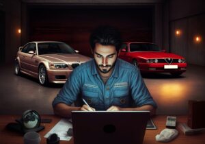Redactor automotriz: Imagen de una persona sentada en un escritorio, escribiendo en un papel con un bolígrafo, frente a un portátil. El rostro de la persona está pixelado. Detrás de la persona, hay dos coches estacionados dentro de lo que parece ser un garaje o almacén con poca iluminación. A la izquierda hay un BMW E46 M3 plateado y a la derecha un Alfa Romeo 156 rojo. La escena podría ser interesante para los entusiastas de los coches o personas interesadas en ambientes atmosféricos y melancólicos que combinan elementos de trabajo y pasión automotriz.