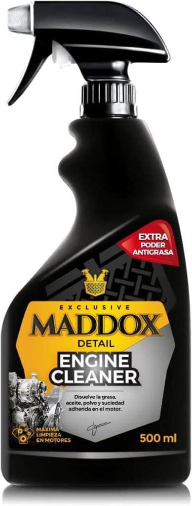Una botella de Maddox Detail Engine Cleaner, un producto diseñado para limpiar motores. La etiqueta indica que es un limpiador de “Alto Rendimiento Exclusivo” que elimina grasa, aceite y suciedad adherida al motor. También menciona “Extra Poder Antigrasa” y tiene una capacidad de 500 ml. Este producto es relevante para personas interesadas en el mantenimiento o limpieza del motor de su vehículo.

Keyword: limpia frenos para limpiar motor