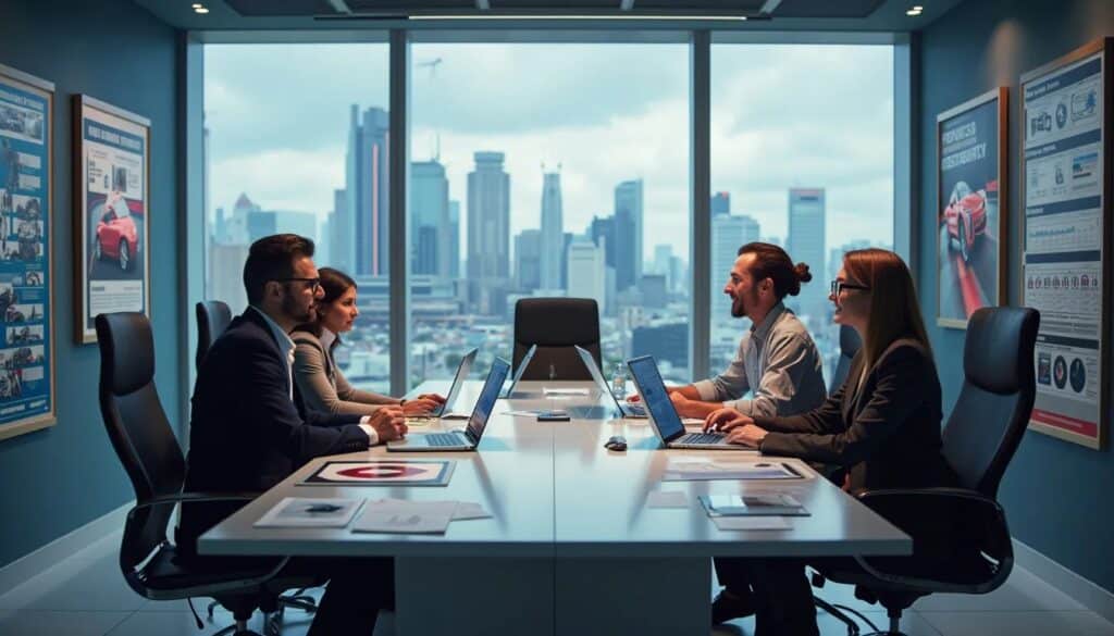 La imagen muestra a cuatro personas sentadas alrededor de una mesa de reuniones en una sala con una gran ventana que da a un paisaje urbano. Cada persona está mirando hacia el centro de la mesa, donde hay portátiles y documentos visibles. La sala tiene un diseño moderno, con carteles informativos en la pared a la izquierda y pantallas digitales que muestran gráficos y datos a la derecha. Este escenario sugiere la importancia de un redactor de blogs sobre vehículos para atraer clientes a través del contenido digital.