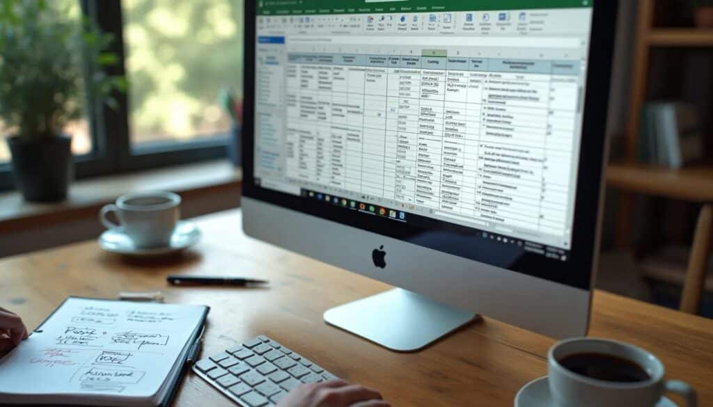 Un espacio de trabajo con un Apple iMac mostrando un programa de hojas de cálculo, que parece ser Microsoft Excel, con varias columnas y filas de datos. En primer plano, hay un cuaderno abierto con notas y diagramas escritos a mano, un bolígrafo descansando sobre él, y a la derecha un teclado. A la izquierda del cuaderno hay una taza de café. La imagen sugiere el uso de “Redacción SEO para sitios web de automóviles” en el contexto de análisis de datos o planificación financiera en un entorno de trabajo o estudio.