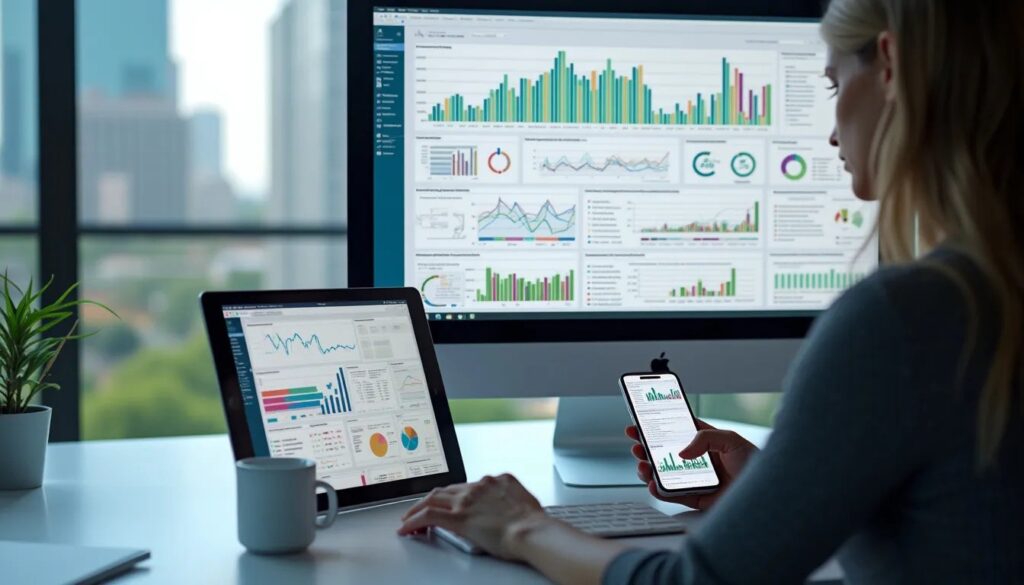 Una persona sentada en un escritorio con una laptop, un smartphone y una taza de café frente a ellos. Las pantallas de la laptop y el smartphone muestran varios gráficos y datos analíticos. En el fondo, hay una pantalla más grande con gráficos y diagramas adicionales. La imagen sugiere el uso de “Redacción SEO para sitios web de automóviles” en el contexto de análisis de datos modernos, mostrando el uso de múltiples dispositivos para monitorear y analizar datos en sectores empresariales y tecnológicos.