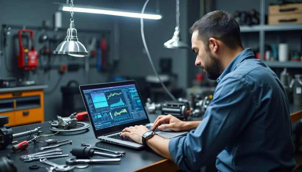 Una persona en un taller automotriz, enfocada en una laptop con gráficos y tablas en la pantalla, lo que sugiere análisis de datos o diagnósticos relacionados con el sector automotriz. El fondo está lleno de herramientas y equipos típicos de un taller automotriz, indicando que la persona probablemente está involucrada en el mantenimiento o la ingeniería de vehículos. La imagen refleja la experiencia en el sector automotriz al combinar el análisis técnico de datos con un entorno de trabajo práctico. La imagen sugiere el uso de “Redacción SEO para sitios web de automóviles” en el contexto de la industria automotriz.