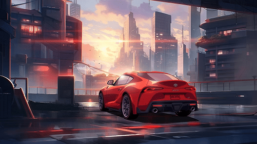 Un Toyota Supra GR rojo estacionado en una calle mojada, con el telón de fondo de una ciudad futurista durante el amanecer o el atardecer. La ciudad está llena de rascacielos, algunos con luces encendidas, y el cielo tiene tonos de rosa y azul. Esta escena es parte del anime ‘GRIP, el anime de Toyota’.