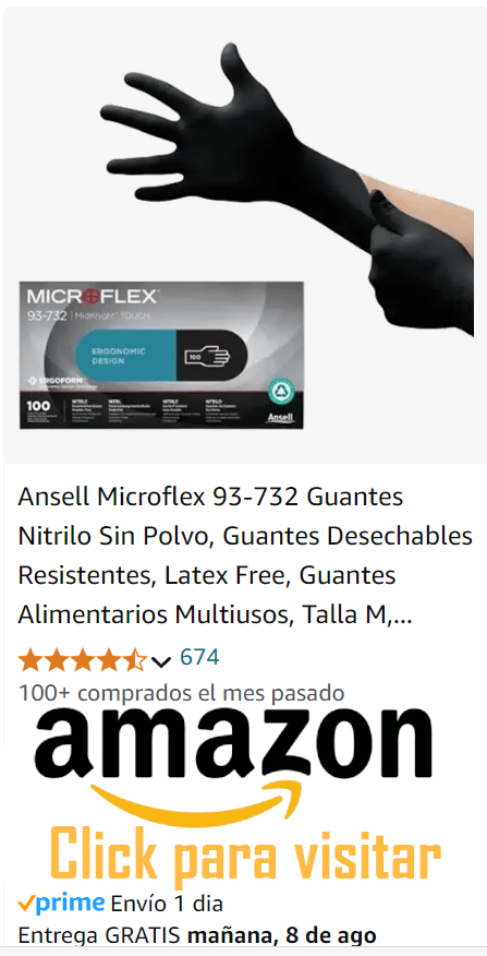 Anuncio de guantes Ansell Microflex 93-732. La imagen muestra una mano usando uno de los guantes negros y el empaque del producto con información como ‘Sin Polvo’, ‘Talla M’, y ‘Guantes Nitrilo Sin Latex Multiusos’. El producto tiene una calificación de 4.5 estrellas con 674 reseñas. Hay un botón naranja que dice ‘Click para visitar’, indicando que lleva a Amazon para comprar. También se menciona ‘Envío GRATIS’ y ‘Recíbelo mañana’.