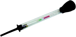 Un densímetro utilizado para medir la gravedad específica del electrolito en las baterías de coche. Este dispositivo ayuda a determinar el estado de carga de la batería al medir la densidad del ácido en su interior. Es una herramienta esencial para el mantenimiento y diagnóstico de baterías automotrices.