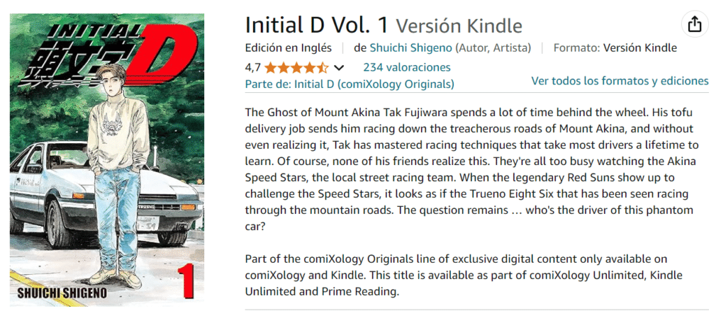 La imagen muestra la portada de un libro titulado “Initial D Volume 1” por Shuichi Shigeno, disponible en formato Kindle. En el centro, se observa a un joven parado junto a un automóvil deportivo blanco, modelo Toyota AE86. El joven lleva una chaqueta bomber verde y pantalones vaqueros con estampado de camuflaje. Detrás de ellos, hay una representación estilizada de montañas y carreteras, sugiriendo velocidad y competición automovilística. El fondo es blanco y el título está en letras grandes rojas y negras en la parte superior izquierda.
