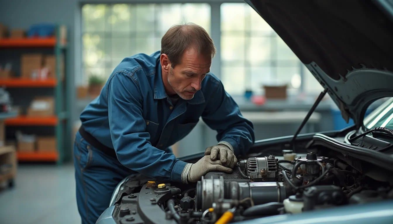 Mecánico en uniforme azul trabajando en el alternador de un coche con el capó abierto.
