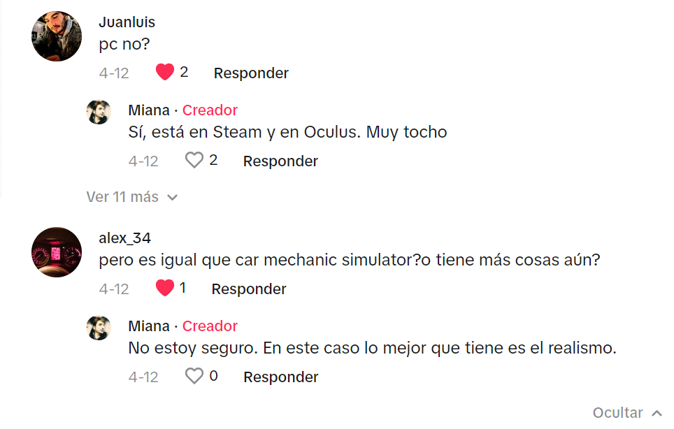 Una captura de pantalla de una plataforma de redes sociales con comentarios en español. Hay cuatro comentarios de tres usuarios diferentes, discutiendo sobre un juego de PC, comparándolo con un simulador de mecánico de coches y hablando sobre su realismo. La imagen ilustra la importancia de publicar noticias actualizadas en “Redacción SEO para sitios web de automóviles” al mostrar la interacción y el compromiso de los usuarios en temas de interés actual.