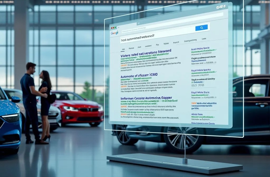 Dos personas están discutiendo junto a dos coches en lo que parece ser una sala de exposición de automóviles. En primer plano, una pantalla de computadora futurista y transparente muestra un motor de búsqueda con resultados para “future named revolution keyword”. La imagen sugiere el uso de tecnología avanzada en tareas cotidianas como la búsqueda web, posiblemente indicando una dirección futura para la tecnología y la interacción humana.