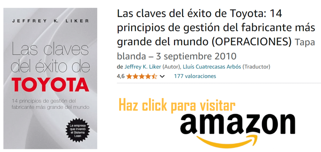 Portada del libro ‘Las claves del éxito de Toyota: 14 principios de gestión del fabricante más grande del mundo’ de Jeffrey K. Liker, traducido por Luis Cárdenas Arbos. La portada muestra una llave y menciona que trata sobre los 14 principios de gestión de Toyota. Tiene una calificación de 4.5 de 5 estrellas basada en 177 valoraciones. Haz click para visitar Amazon y comprar el libro.