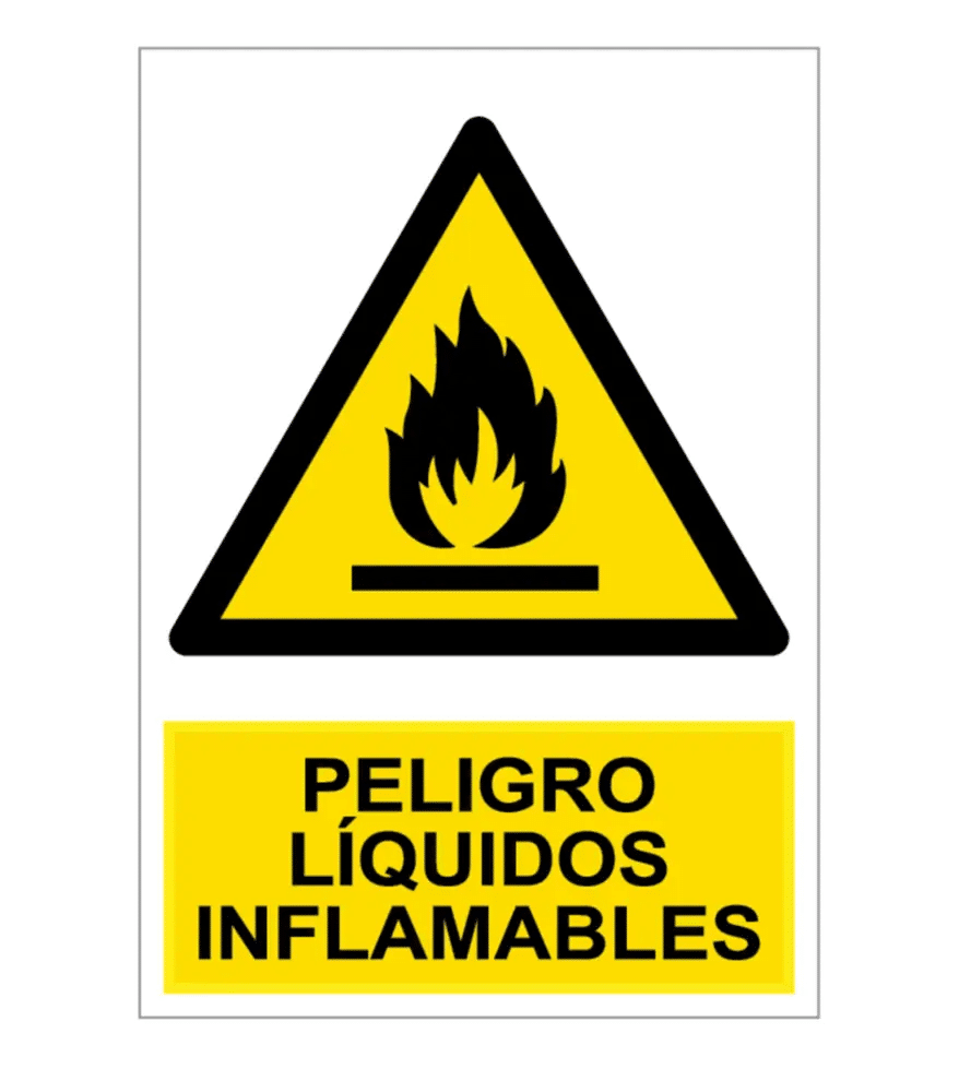 Una señal de advertencia con dos secciones distintas. La sección superior es un triángulo con borde negro y fondo amarillo, dentro del cual hay un icono de una llama sobre una línea, indicando la presencia de material inflamable. La sección inferior es un rectángulo con el mismo fondo amarillo y borde negro, que contiene el texto “PELIGRO LÍQUIDOS INFLAMABLES” en letras negras y en negrita.