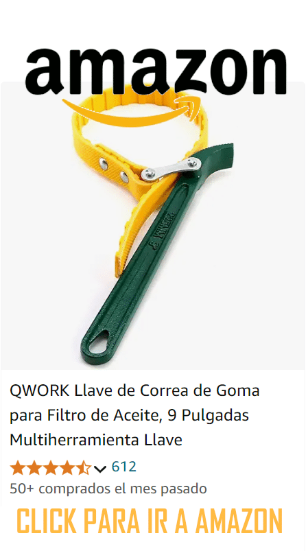 Anuncio de una llave de correa de goma amarilla y verde de 9 pulgadas de la marca QWORK, disponible en Amazon. El producto tiene más de 50 estrellas y ha sido reseñado por 612 clientes. Debajo de la descripción y las calificaciones del producto, hay un botón naranja que dice ‘CLICK PARA IR A AMAZON’.