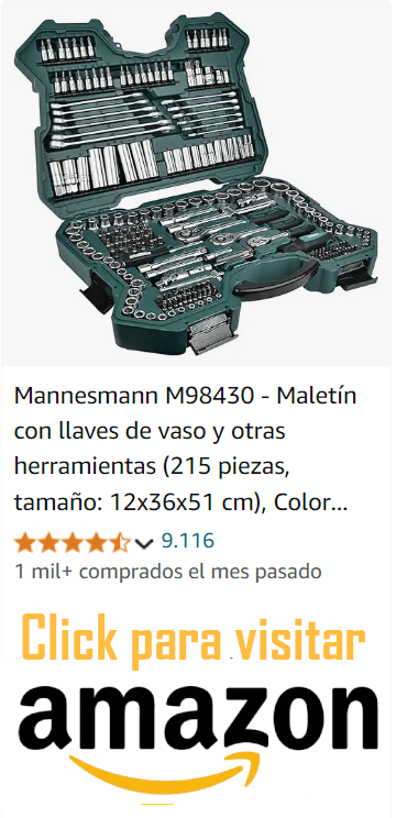 Imagen de un anuncio de producto para un juego de herramientas Mannesmann M98430. El set incluye llaves de vaso y otras herramientas, con un total de 215 piezas y dimensiones de 12x36x51 cm. Se destaca que ha tenido más de un millón de compras el mes pasado. También hay un enlace clickable que invita a visitar Amazon para la compra.