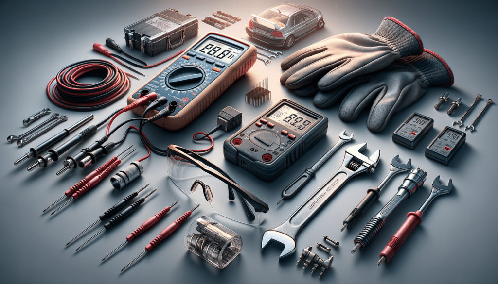 Conjunto de herramientas y equipos típicos para trabajos eléctricos o mantenimiento de automóviles como comprobar el alternador del coche, incluyendo dos multímetros digitales, destornilladores, alicates, una llave inglesa, guantes aislantes, un rollo de cable eléctrico, clips de cocodrilo y una batería portátil, organizados sobre un fondo neutro.
