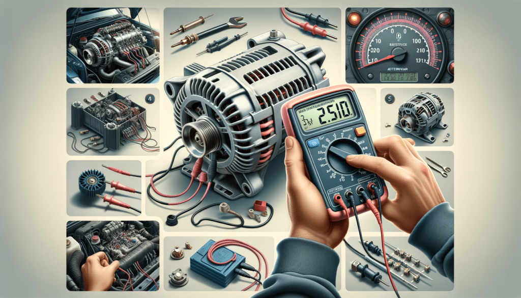 Conjunto de ilustraciones detalladas relacionadas con la mecánica automotriz y pruebas eléctricas, incluyendo un motor de coche, diversas herramientas como destornilladores y alicates, un alternador y un multímetro digital mostrando una lectura.