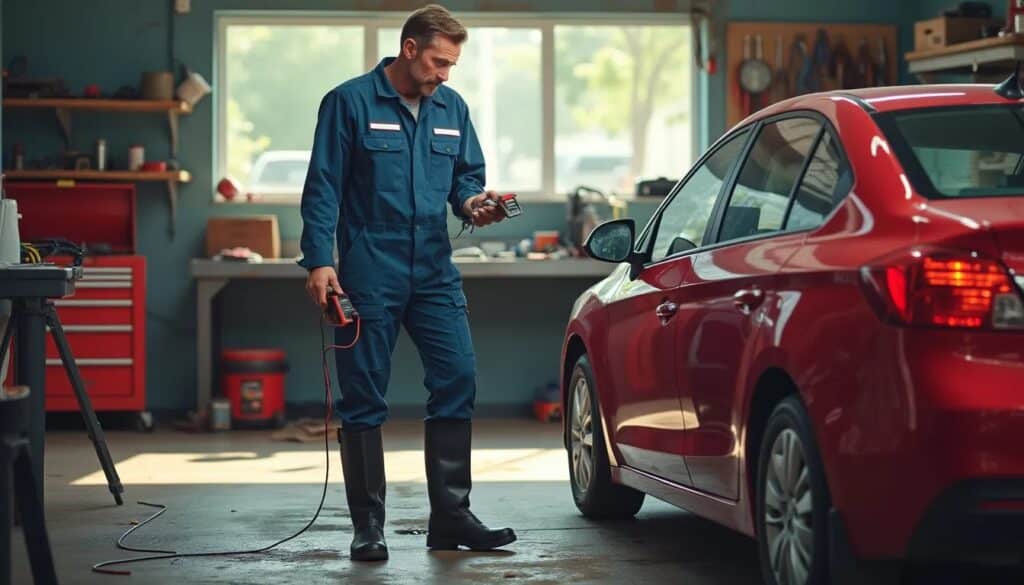 Un mecánico con uniforme azul, gafas protectoras y una placa con su nombre, sostiene una herramienta de diagnóstico conectada a un coche rojo en un taller automotriz. El entorno profesional destaca el uso de tecnología en el diagnóstico y mantenimiento de vehículos.