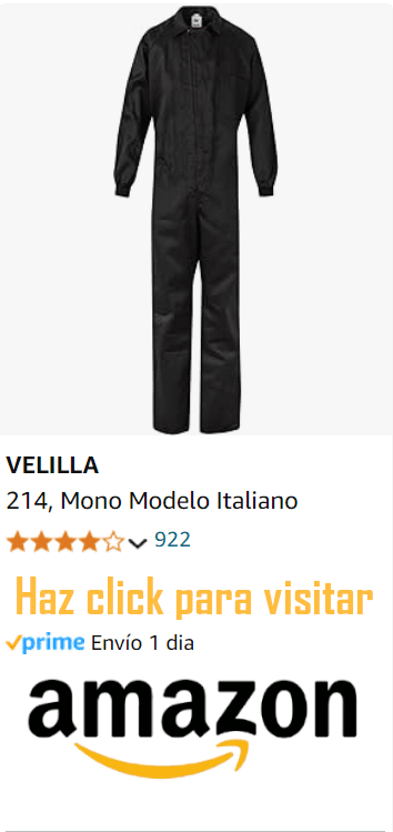 Imagen de un mono modelo italiano de color negro, marca VELILLA 214, con 922 valoraciones y una calificación promedio representada por estrellas. Debajo hay un botón naranja con texto que invita a hacer click para visitar la página de compra en Amazon, destacando el envío en 1 día a través de Amazon Prime.