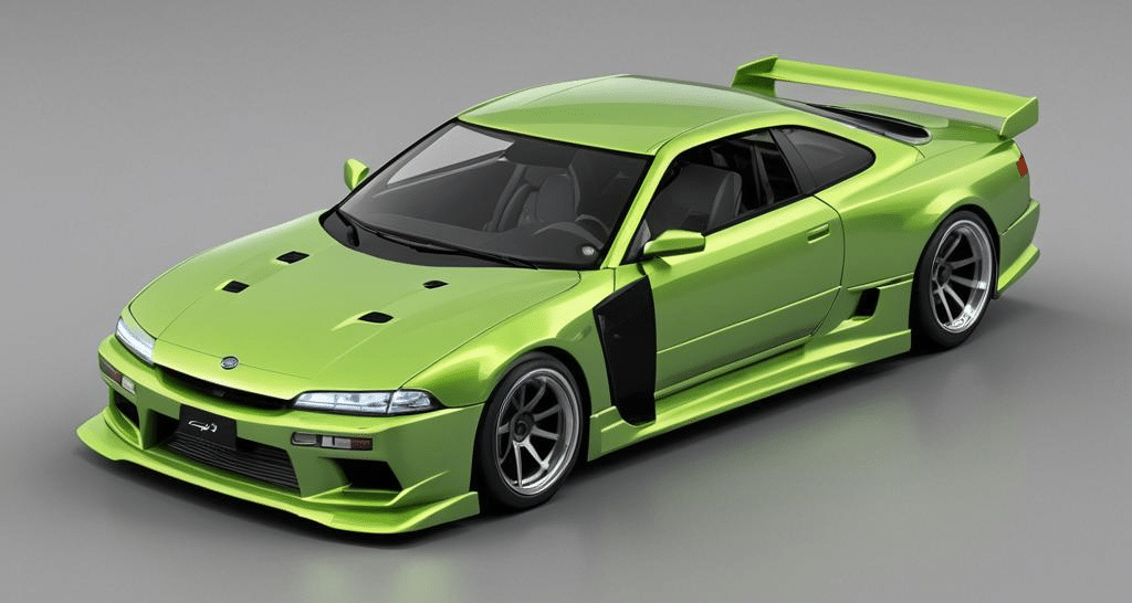 Concepto de diseño para un Nissan Silvia 2028 creado por JM Miana, con una carrocería verde lima elegante, líneas aerodinámicas y una estética deportiva. El coche tiene un perfil bajo con una postura agresiva, acentuada por un gran alerón trasero y llantas de aleación personalizadas. El frente del vehículo presenta faros estrechos distintivos y un capó ventilado, indicativo de alto rendimiento.