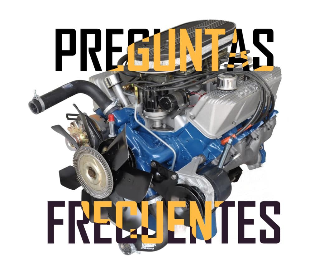 Motor Shelby 500ci V8 de alto rendimiento, con bloque azul y cabezas plateadas, equipado con filtro de aire, poleas, alternador y otros componentes. Texto superpuesto que dice ‘PREGUNTAS FRECUENTES’, indicando una sección de preguntas frecuentes relacionada con este modelo de motor.