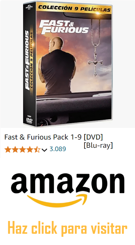 Anuncio de producto para el ‘Fast & Furious Pack 1-9’ disponible en DVD y Blu-ray, con la portada mostrando a Toretto de espaldas mirando por la ventana de un coche, junto con el logo de Amazon y la invitación ‘Haz click para visitar’.