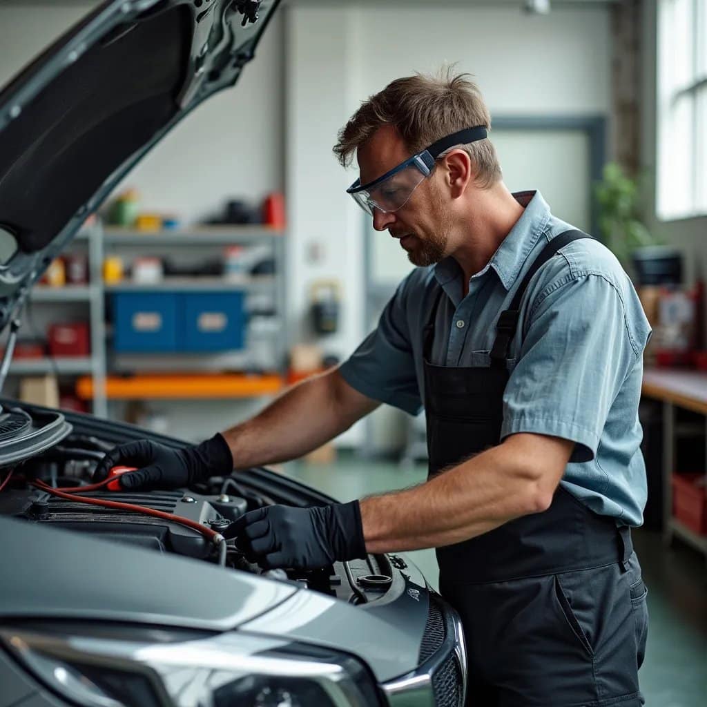 Persona trabajando en el motor de un automóvil en un taller bien iluminado, usando una herramienta sobre el motor. Lleva una camisa de manga corta con cuello.