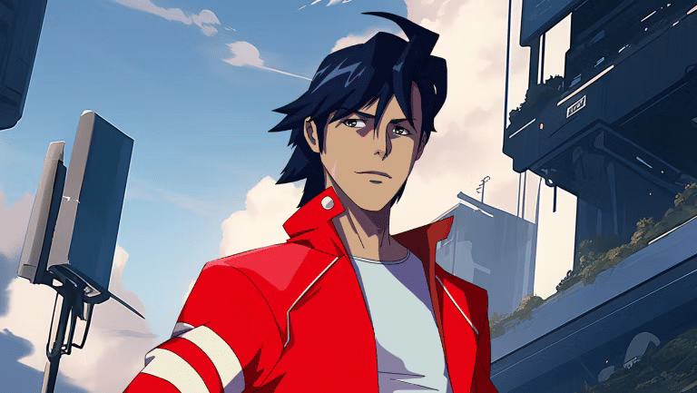 Un personaje del anime ‘GRIP, el anime de Toyota’ llamado Jae Kang. Tiene el cabello oscuro y lleva una chaqueta roja con rayas blancas en las mangas. El fondo muestra un cielo azul con nubes y parte de un paisaje urbano futurista con edificios altos y una gran estructura suspendida.