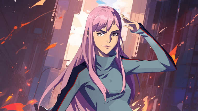Un personaje femenino del anime ‘GRIP, el anime de Toyota’ llamado Linh “Nitro” Lam. Tiene el cabello largo y morado, y lleva una camiseta azul. El fondo muestra un entorno urbano con edificios altos y un cielo al atardecer, creando una atmósfera dramática y colorida.