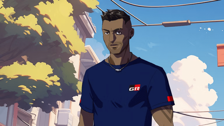 Un personaje del anime ‘GRIP, el anime de Toyota’ llamado Kumal Jo. Está al aire libre con árboles y un cielo azul con nubes de fondo. Lleva una camiseta azul oscuro con las letras ‘GR’ y un pequeño rectángulo rojo en la manga derecha.