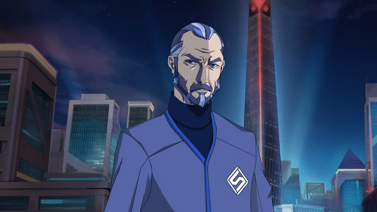 Un personaje del anime ‘GRIP, el anime de Toyota’ llamado Dr. Aron Synth. Está de pie frente a un paisaje urbano futurista de noche. Lleva una chaqueta azul con un emblema blanco que se asemeja a la letra ‘S’. El horizonte presenta edificios altos con luces brillantes y una torre roja prominente en el fondo.