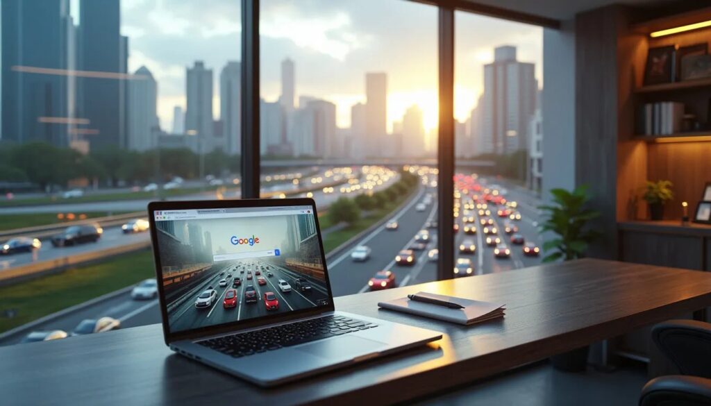 Una laptop sobre un escritorio con vista a una autopista concurrida y el horizonte de la ciudad al atardecer en el fondo. La pantalla de la laptop muestra la página de inicio de Google. Junto a la laptop, hay un bloc de notas y un bolígrafo en el escritorio. La imagen sugiere el uso de “Redacción SEO para sitios web de automóviles” en el contexto de trabajo remoto, conectividad y acceso a información en un entorno urbano.