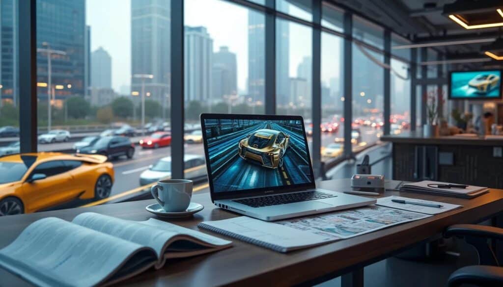 La imagen muestra un espacio de trabajo moderno con una vista clara de un paisaje urbano a través de grandes ventanas. En la mesa, hay un portátil abierto que muestra un fondo de pantalla de un coche deportivo amarillo, que coincide con el color de un coche real visible afuera en la calle. Junto al portátil, hay una taza blanca que parece contener café o té, y un smartphone boca abajo. También hay papeles y lo que parece ser una revista o diario abierto con imágenes y texto. Este escenario sugiere la importancia de un redactor de blogs sobre vehículos para atraer clientes a través del contenido digital.