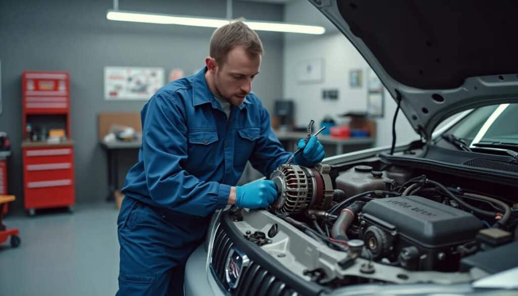 Un mecánico en uniforme azul está trabajando en el motor de un coche con el capó abierto en un taller automotriz. Está sosteniendo una herramienta y ajustando el alternador del motor.
