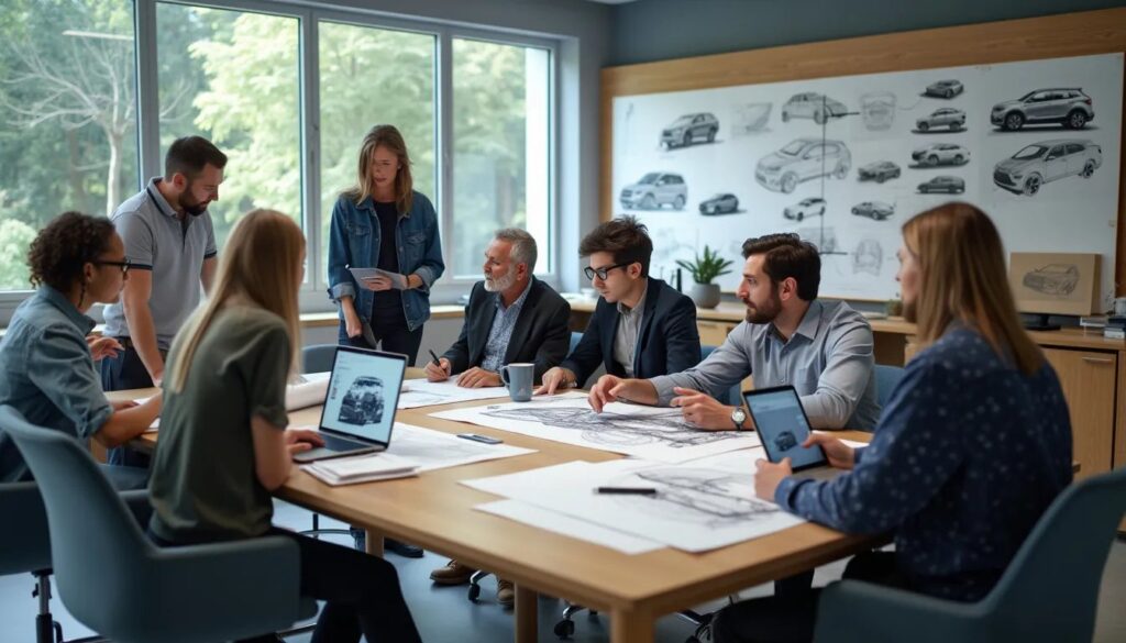 Un grupo de personas sentadas alrededor de una gran mesa en una sala de reuniones. La sala tiene grandes ventanas con vista a áreas verdes y las paredes están adornadas con varios bocetos de coches. Las personas parecen estar en una discusión, algunas mirando documentos y otras laptops en la mesa. La imagen refleja la experiencia en el sector automotriz y sugiere el uso de “Redacción SEO para sitios web de automóviles” en un entorno profesional relacionado con el diseño o la ingeniería automotriz.