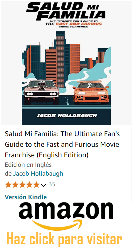 Anuncio gráfico de un libro titulado ‘Salud Mi Familia: The Ultimate Fan’s Guide to the Fast and Furious Movie Franchise (English Edition)’ de Jacob Hollabaugh, con ilustraciones de coches de carreras y un skyline de ciudad, junto con logos de Amazon y la invitación ‘Haz click para comprar’.