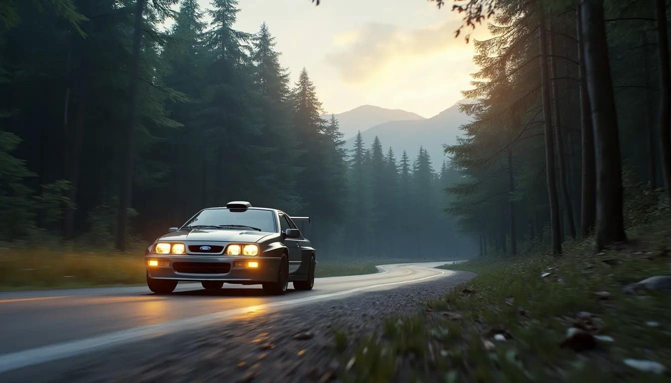 Un coche Sierra Cosworth conduciendo por una carretera a través de una zona boscosa. La carretera parece estar curvando a la derecha y los faros del coche están encendidos, iluminando el camino por delante. La escena sugiere que podría ser al amanecer o al atardecer debido a las condiciones de poca luz.